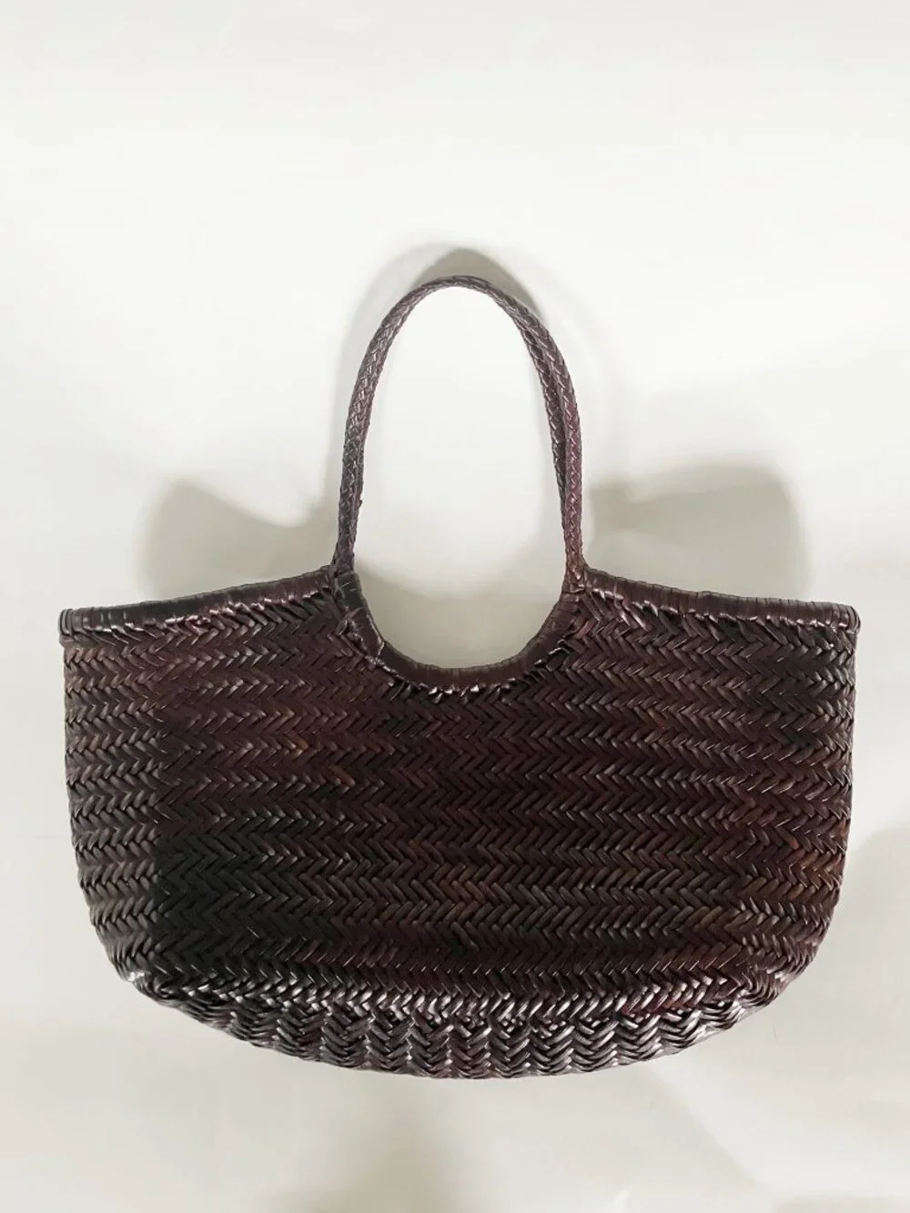 Dragon Diffusion Nantucket large woven leather tote in dark brown.